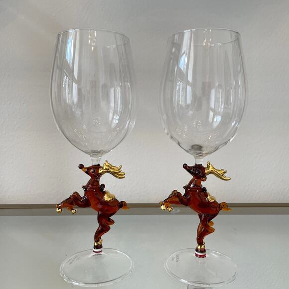 Neiman Marcus Christmas Reindeer Wine Glass Set of 2 in Holiday Red Gift Box NEW - Picture 6 of 13